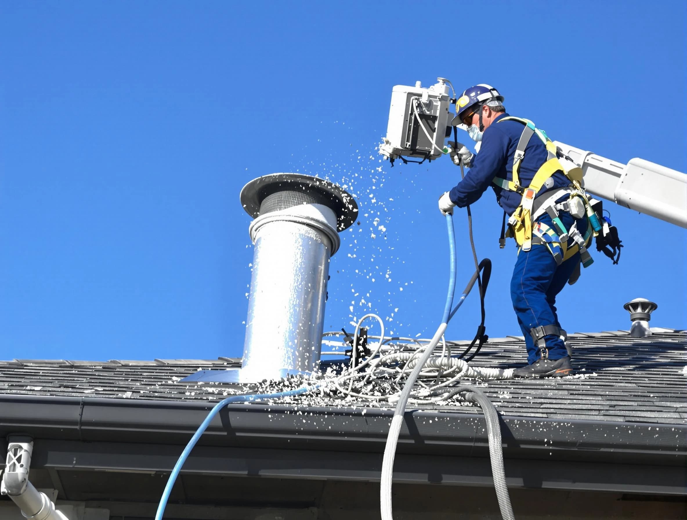 Moore Dryer Vent Cleaning certified technician safely cleaning a roof-mounted dryer vent in Moore