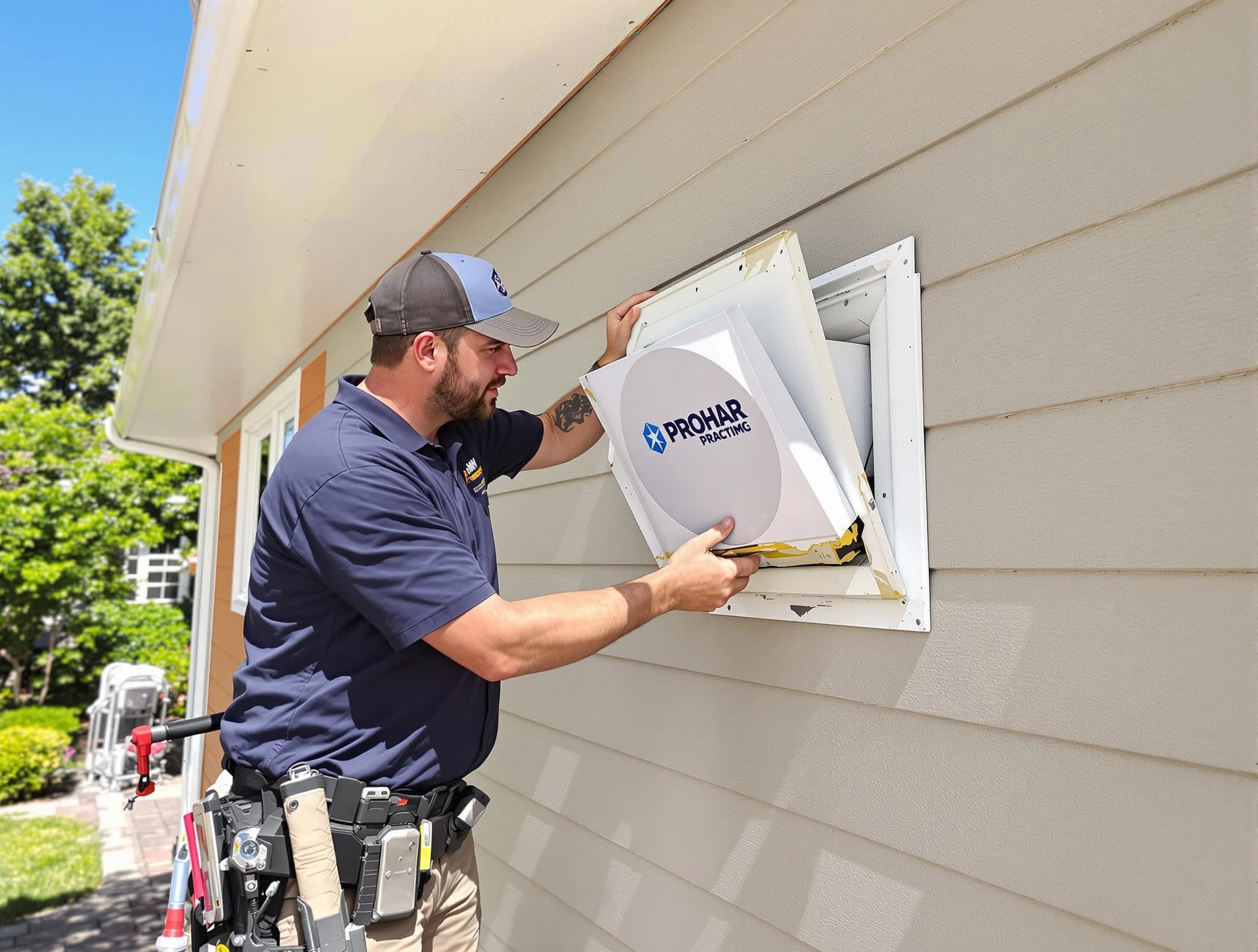 Moore Dryer Vent Cleaning technician installing a new protective dryer vent cover on a home in Moore