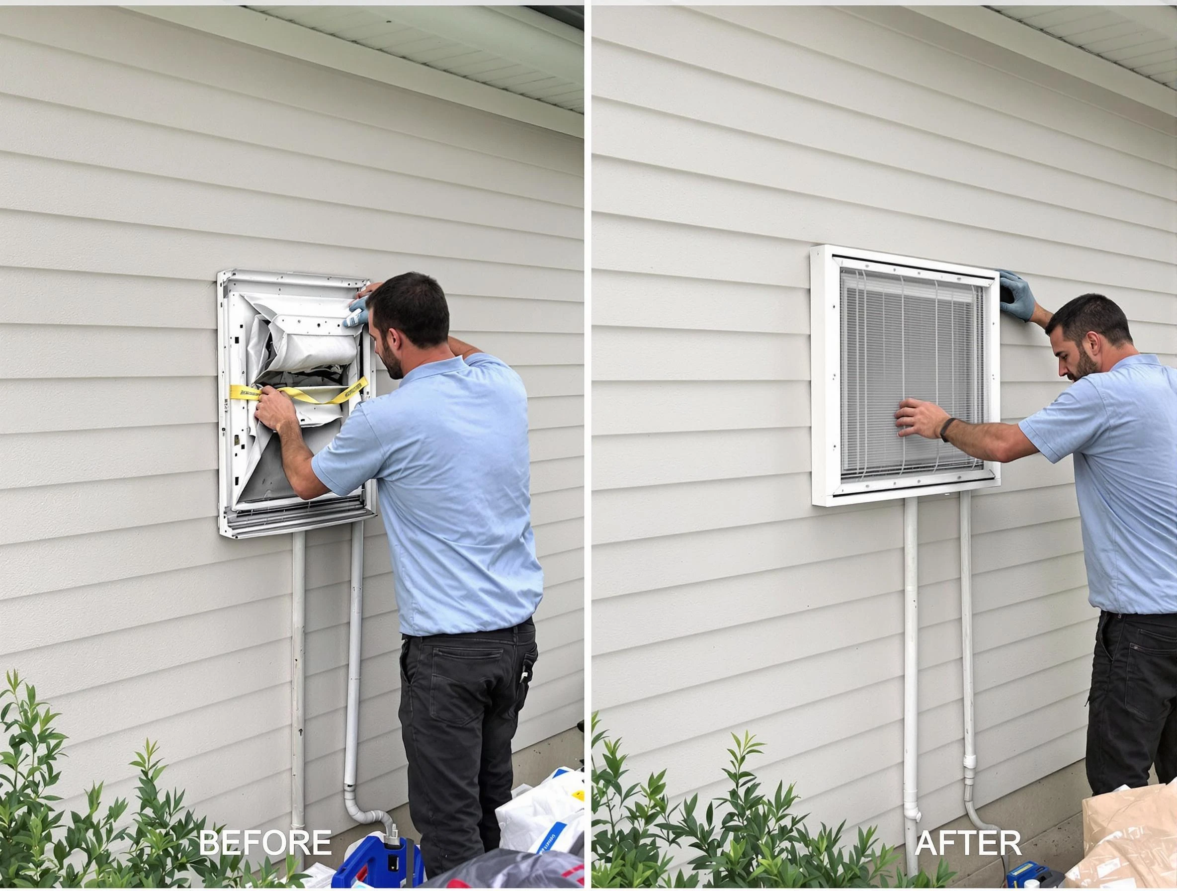 Moore Dryer Vent Cleaning technician installing high-quality dryer vent cover at a residential property in Moore